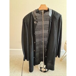 Ming Wang Longline Cardigan Women L Black Faux Leather Trim Knit Jacket